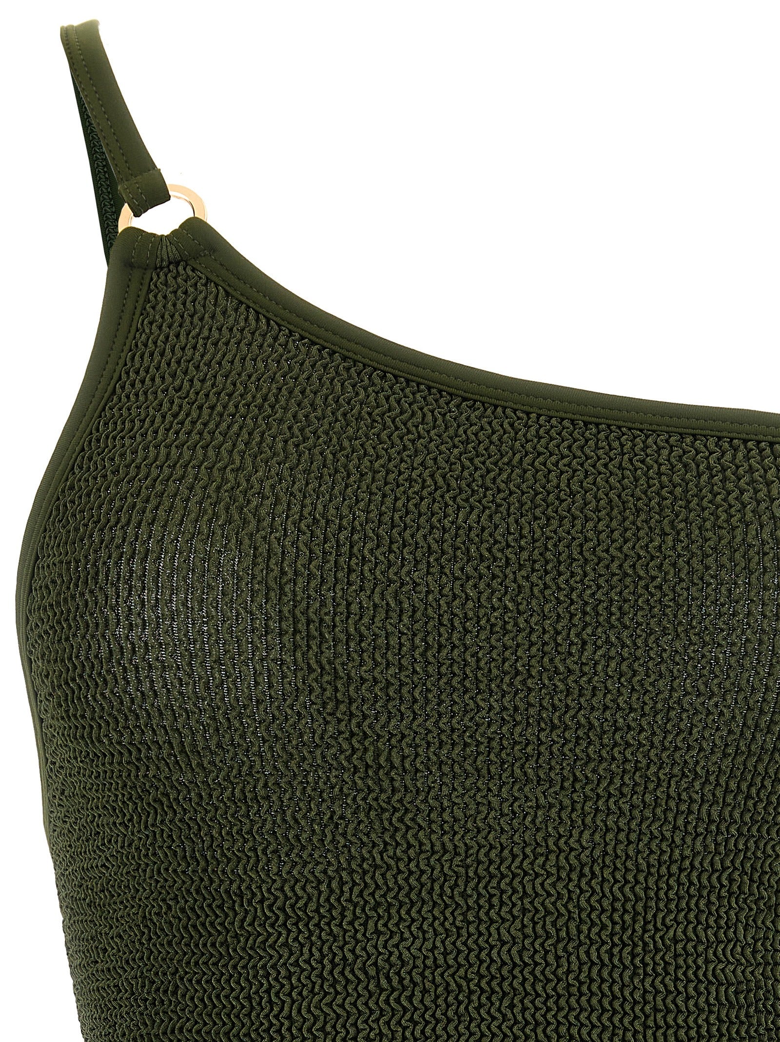 One-Piece Swimsuit by Hunza G for women in stretch polyamide bicolour, gold, green & olive showcases a couture inspired silhouette from the Women's Stretch Polyamide One-Piece Swimsuit collection, featuring a couture inspired cut designed for a couture inspired and couture inspired poolside look.