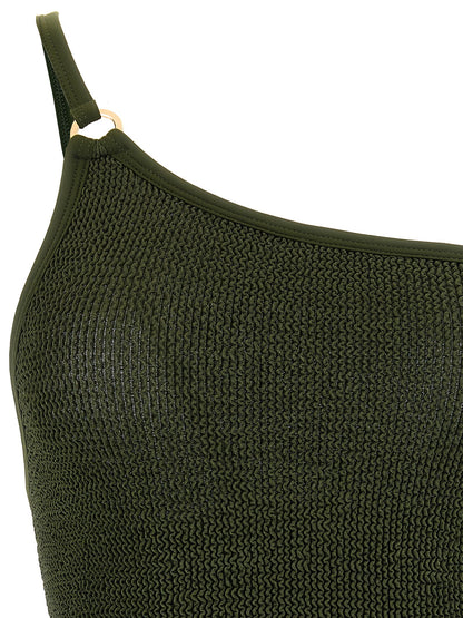 One-Piece Swimsuit by Hunza G for women in stretch polyamide bicolour, gold, green & olive showcases a couture inspired silhouette from the Women's Stretch Polyamide One-Piece Swimsuit collection, featuring a couture inspired cut designed for a couture inspired and couture inspired poolside look.