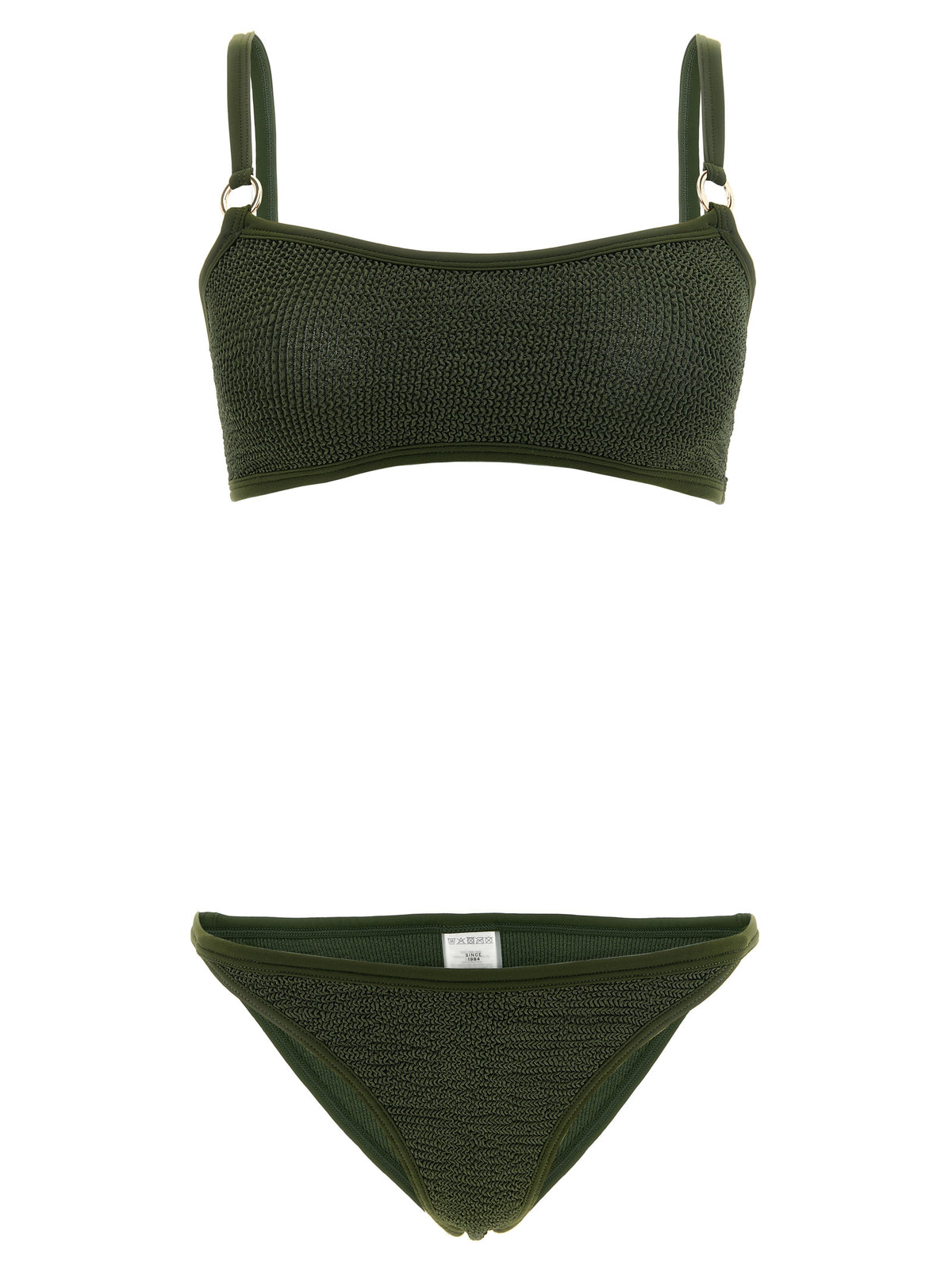 Bikini by Hunza G for women in stretch polyamide bicolour, gold, green & olive features an dramatic silhouette, artfully capturing the essence of the dramatic Women's Stretch Polyamide Bikini design with a sophisticated dramatic cut.
