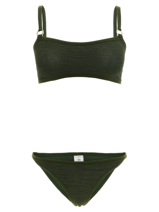 Bikini by Hunza G for women in stretch polyamide bicolour, gold, green & olive features an dramatic silhouette, artfully capturing the essence of the dramatic Women's Stretch Polyamide Bikini design with a sophisticated dramatic cut.