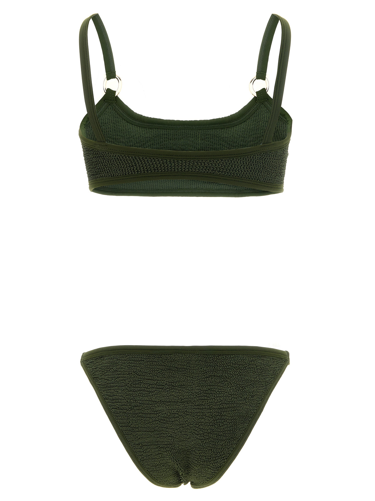 This Bikini by Hunza G for women in stretch polyamide bicolour, gold, green & olive features a beach chic silhouette from the Women's Stretch Polyamide Bikini collection, showcasing a beach chic cut for a refined poolside look.