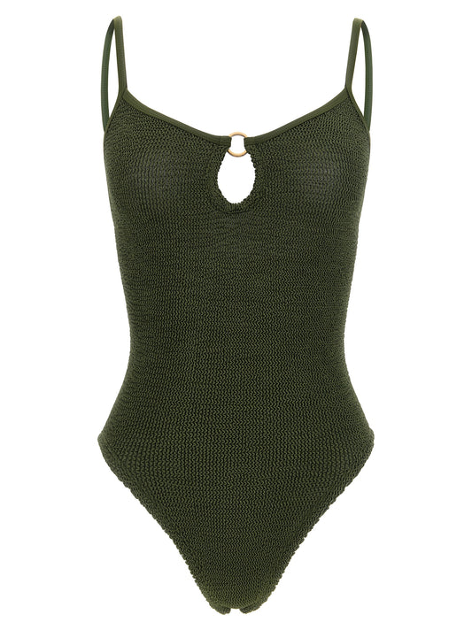 One-Piece Swimsuit by Hunza G for women in stretch polyamide bicolour, gold, green, olive & signature features an jaw dropping silhouette, showcasing the jaw dropping Women's Stretch Polyamide One-Piece Swimsuit design with a sophisticated cut for a jaw dropping finish.