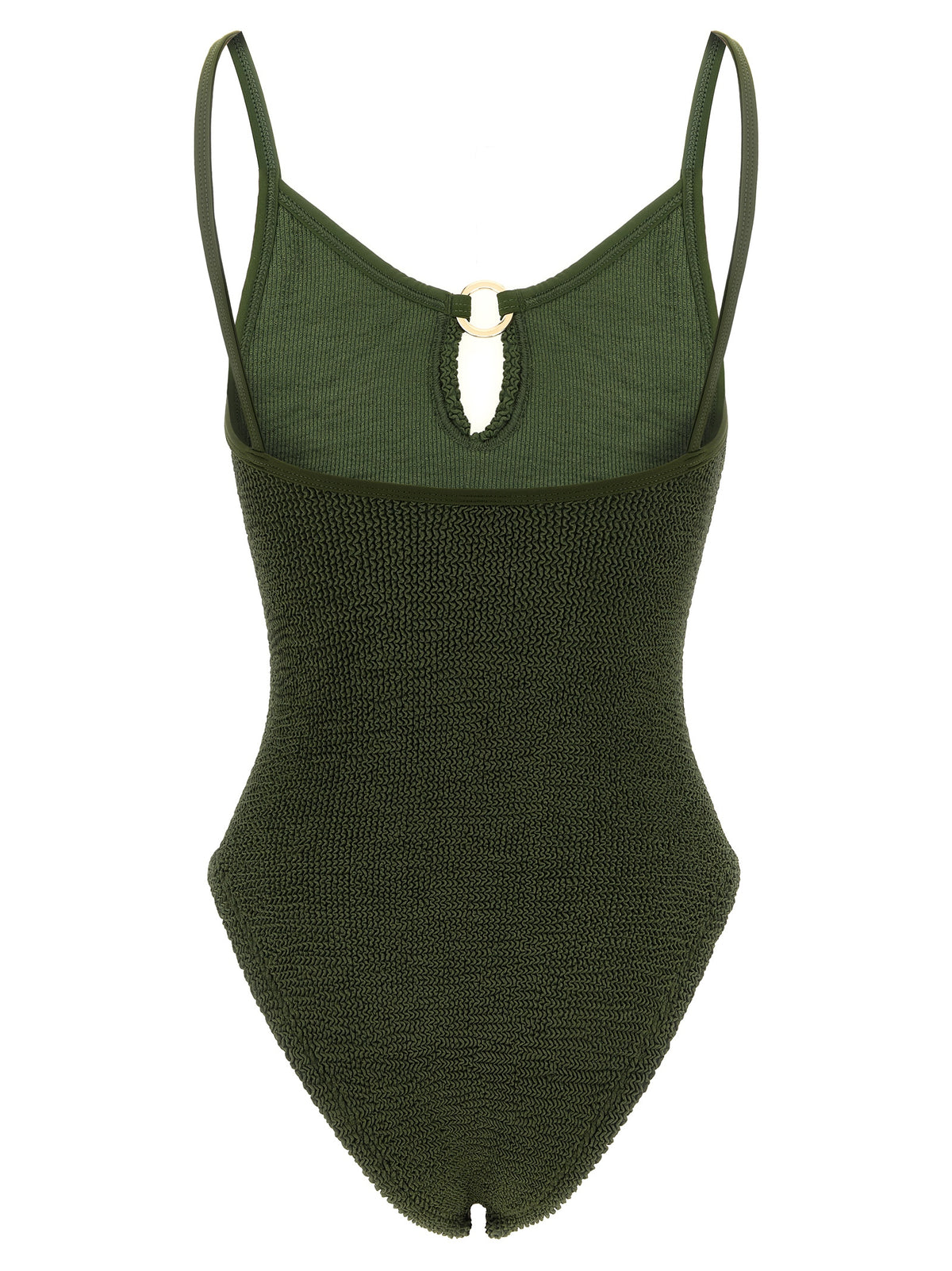 One-Piece Swimsuit by Hunza G for women in stretch polyamide bicolour, gold, green, olive & signature features a contemporary silhouette, showcasing the contemporary cut of this Women's Stretch Polyamide One-Piece Swimsuit for a sophisticated, contemporary beachwear aesthetic.
