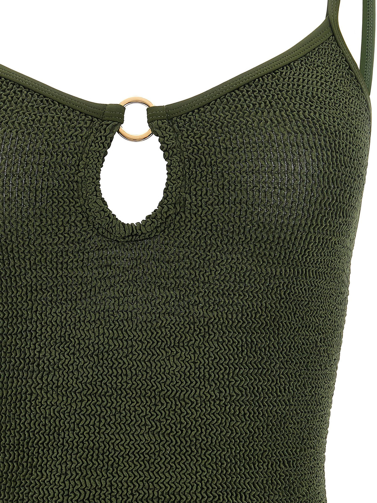 One-Piece Swimsuit by Hunza G for women in stretch polyamide bicolour, gold, green, olive & signature showcases a captivating silhouette, artfully capturing the essence of the captivating Women's Stretch Polyamide One-Piece Swimsuit design for a sophisticated look.