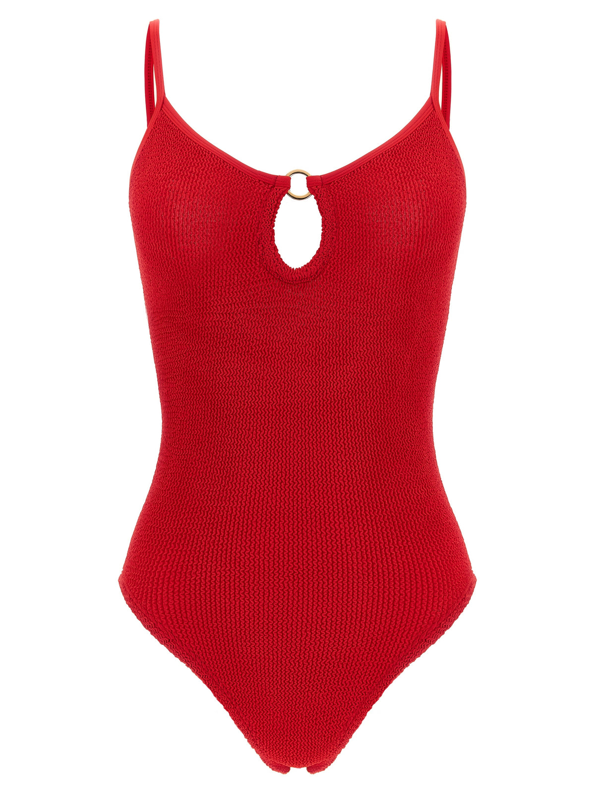 One-Piece Swimsuit by Hunza G for women in stretch polyamide gold, multicolor & red features an jaw dropping silhouette, showcasing the jaw dropping Waves Women's Stretch Polyamide One-Piece Swimsuit design with a sophisticated cut for a jaw dropping finish.