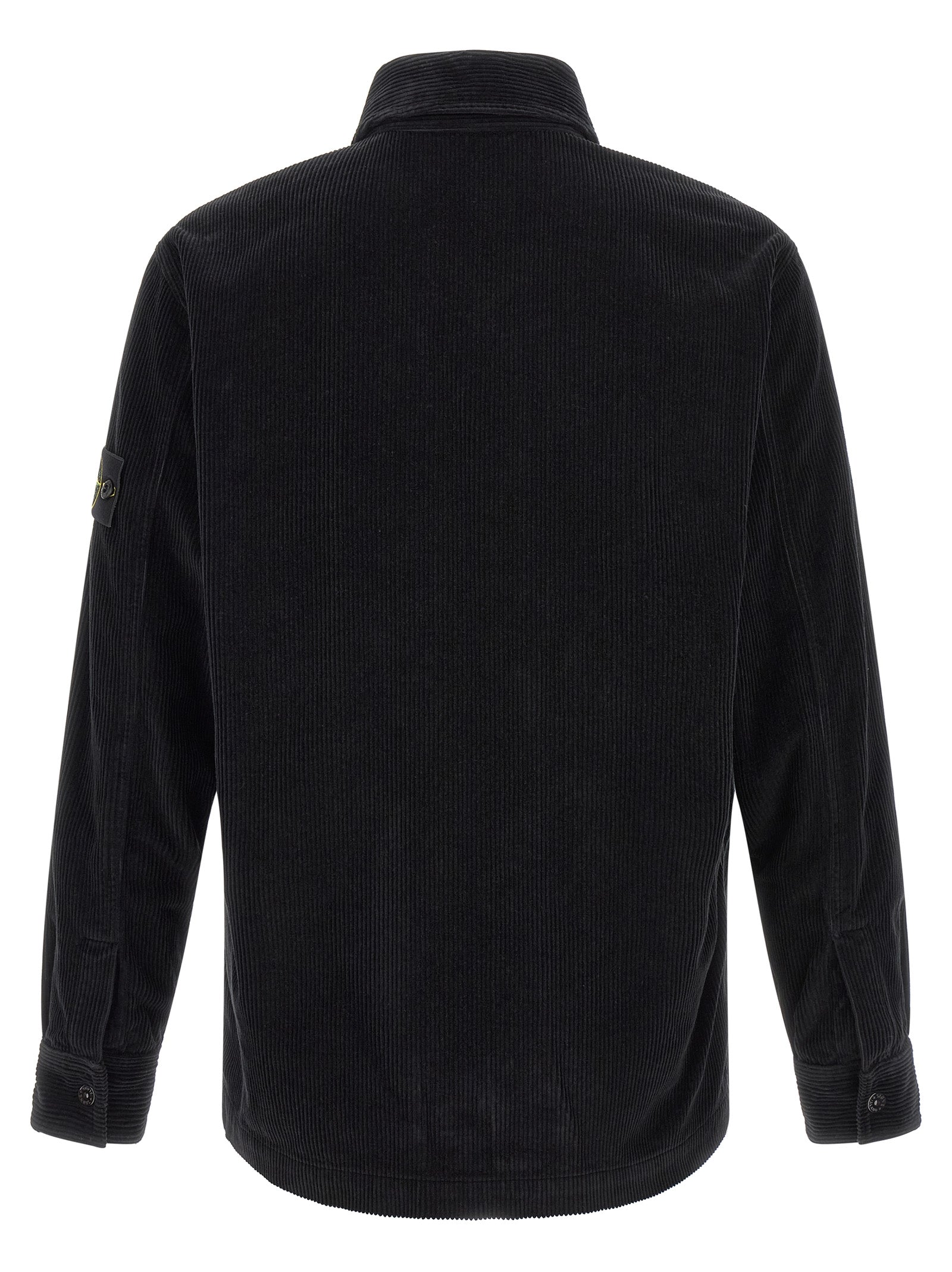 Overshirt by Stone Island for men in cotton corduroy black & signature showcases a sharp silhouette, elegantly detailed with a sharp and sharp .