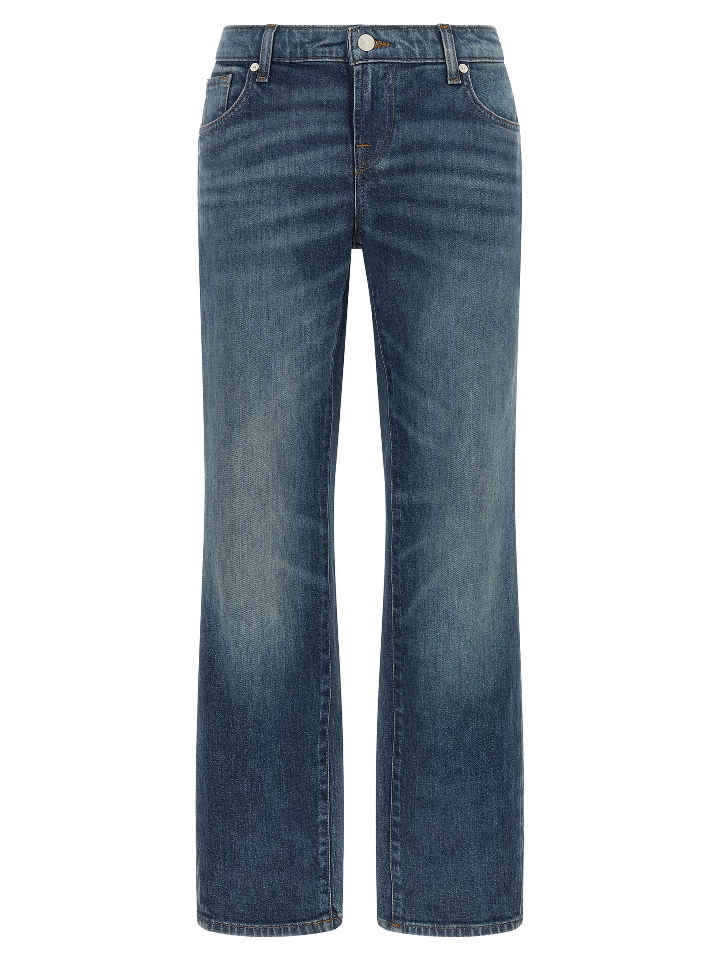 Jeans by 7 For All Mankind for women in stretch denim cotton blue features an refined tailoring silhouette, showcasing a premium tapered-leg, straight & cigarette with a low rise and long cut for a refined tailoring look.