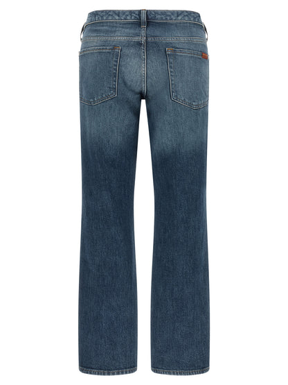 Jeans by 7 For All Mankind for women in stretch denim cotton blue features a polished silhouette with a polished tapered-leg, straight & cigarette, reaching a polished long and finished with a polished low rise.