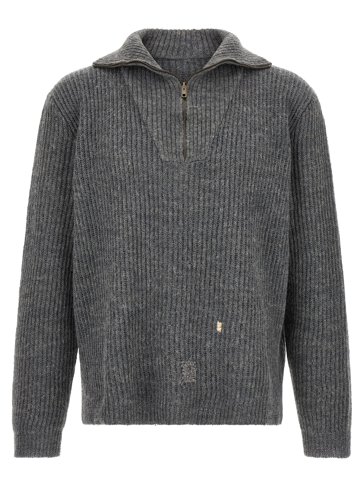 Cardigan by Maison Margiela for men in linen & wool gray & white features a dramatic silhouette, showcasing a sophisticated high-neck neckline and dramatic detail for a timeless, premium look.