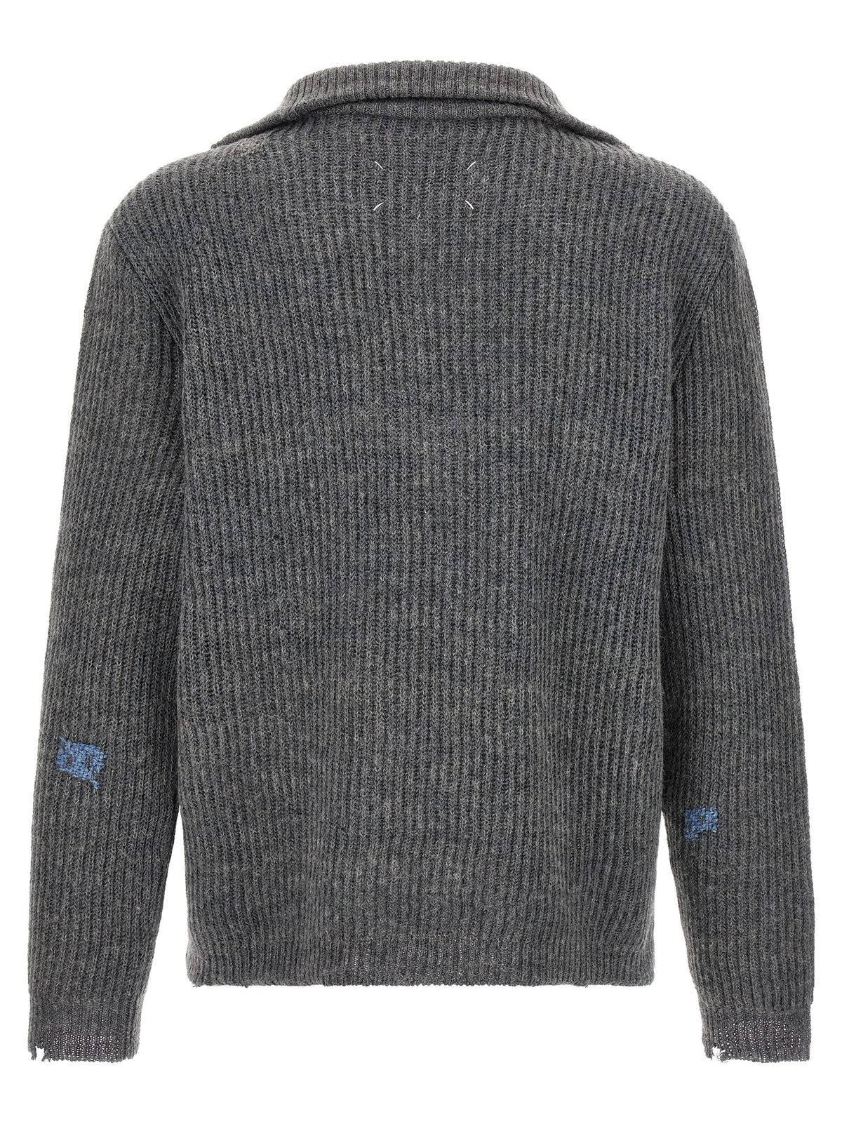 Cardigan by Maison Margiela for men in linen & wool gray & white features an impeccable silhouette, showcasing a sophisticated high-neck neckline and detail for a truly impeccable finish.