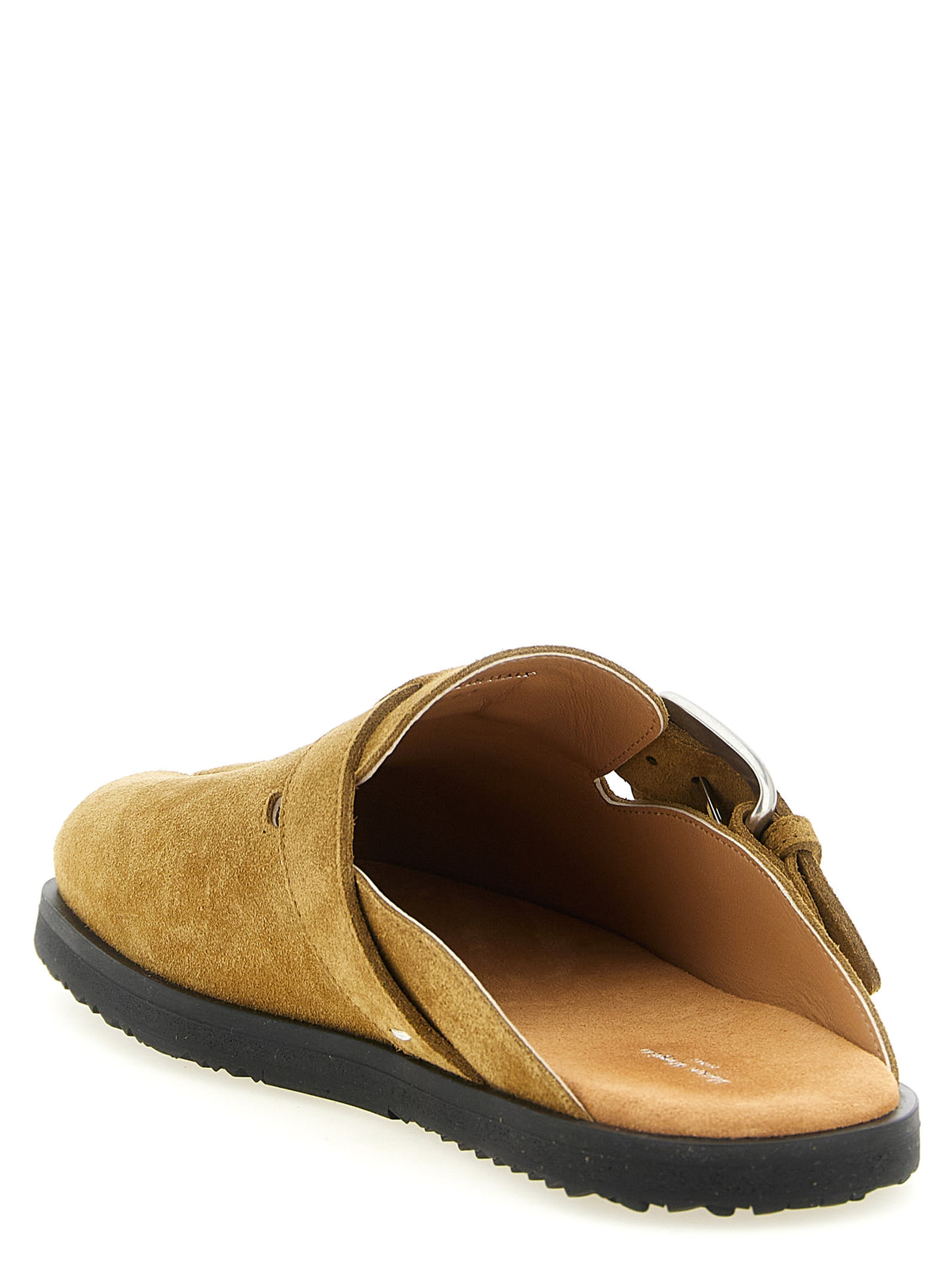 Flat Mule Mules Strap Shoes by Maison Margiela for men in calfskin leather black, brown, camel & silver features an effortless chic silhouette, showcasing the Men's Calfskin Leather Flat Mule Mules Strap Shoes design with an effortless chic flat and a for a effortless chic look.
