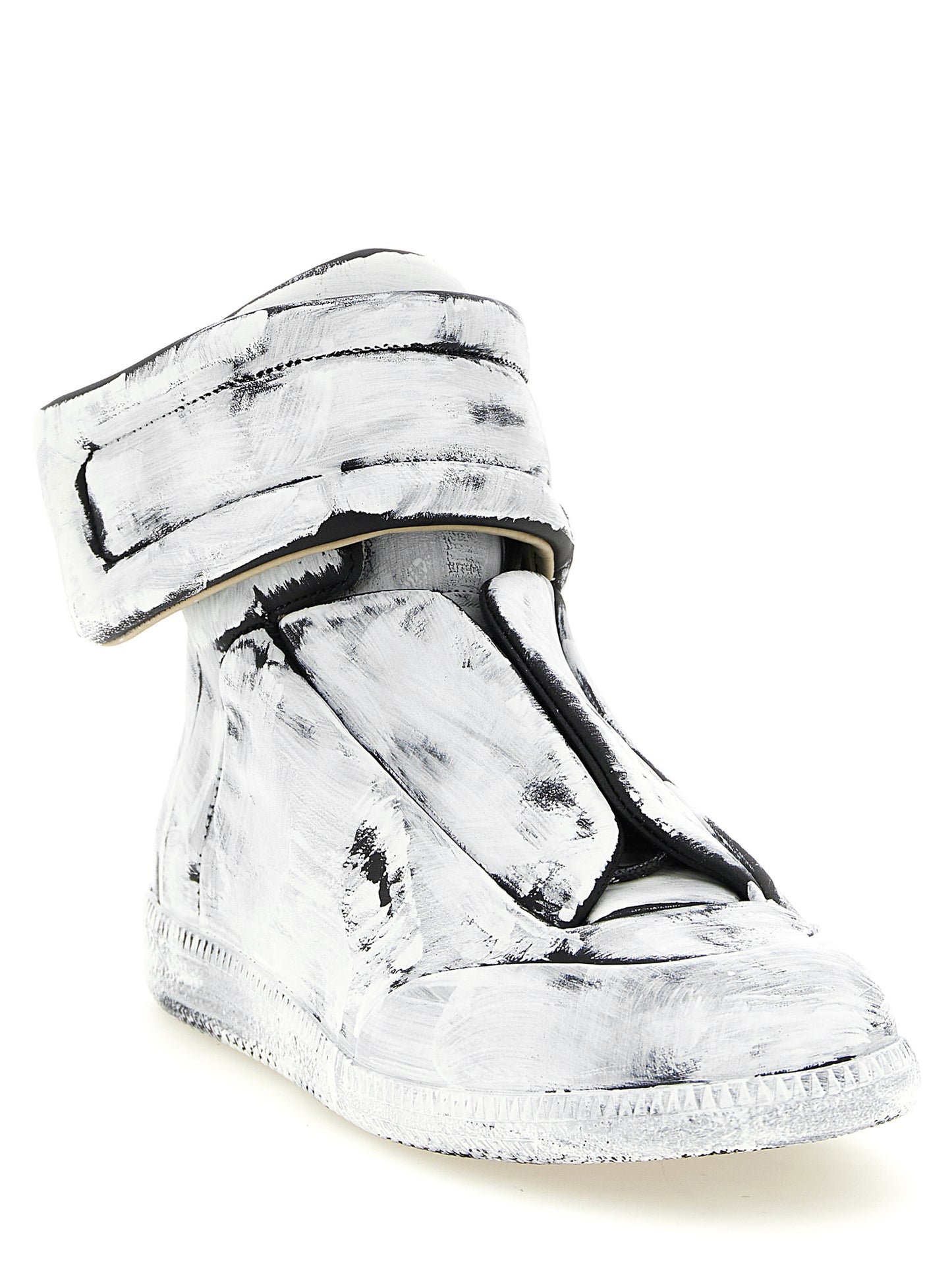 Athletic Sneakers by Maison Margiela for men in calfskin leather bicolour, black & white showcases a architectural silhouette, artfully capturing the essence of the Men's Athletic Calfskin Leather Sneakers with its signature architectural athletic style construction.
