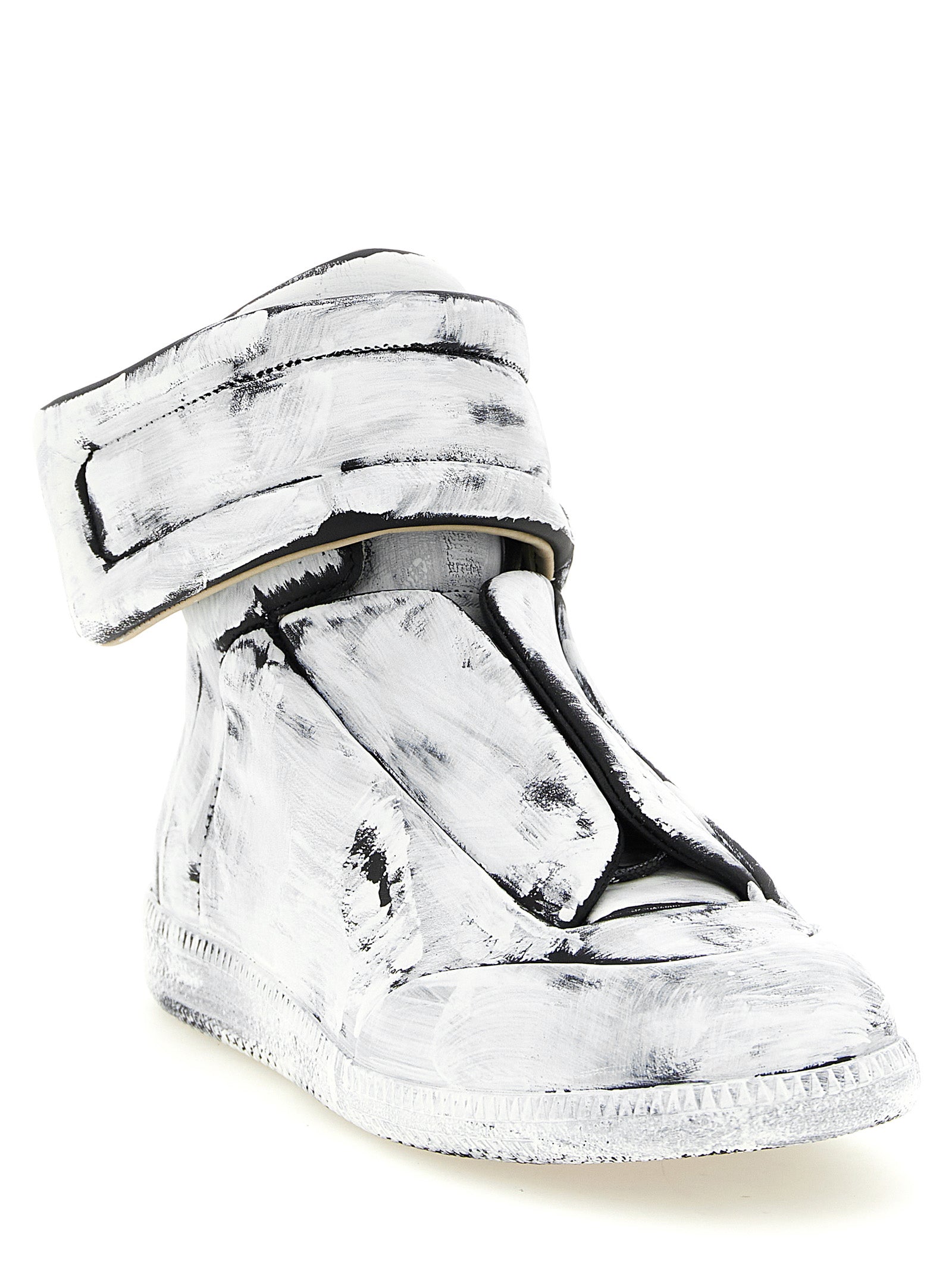 Athletic Sneakers by Maison Margiela for men in calfskin leather bicolour, black & white showcases a architectural silhouette, artfully capturing the essence of the Men's Athletic Calfskin Leather Sneakers with its signature architectural athletic style construction.