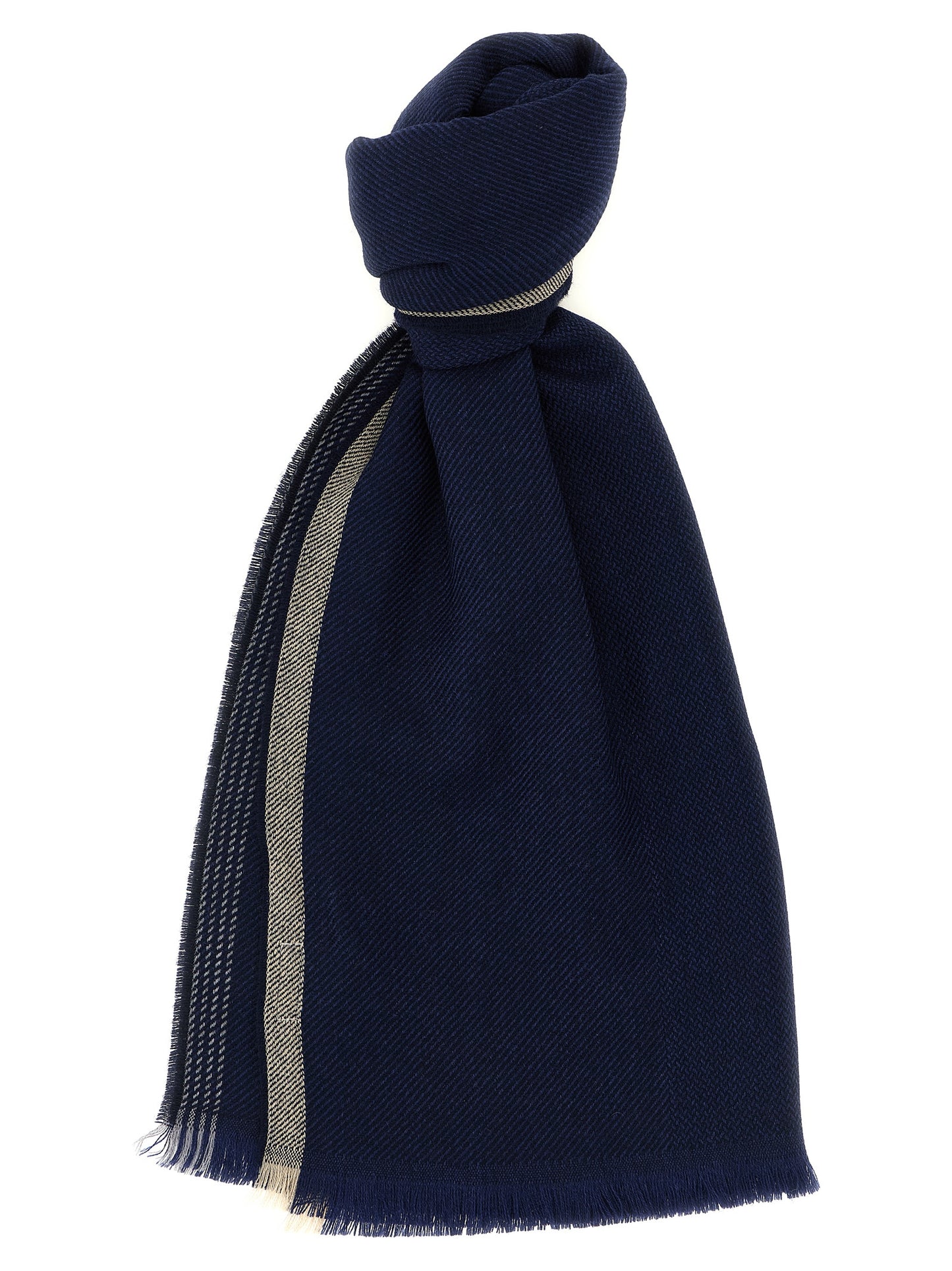 Scarf by Brunello Cucinelli for men in cashmere navy presents a effortlessly chic silhouette, artfully capturing the essence of the effortlessly chic Cashmere Frayed-Edge Scarf design for a sophisticated look.