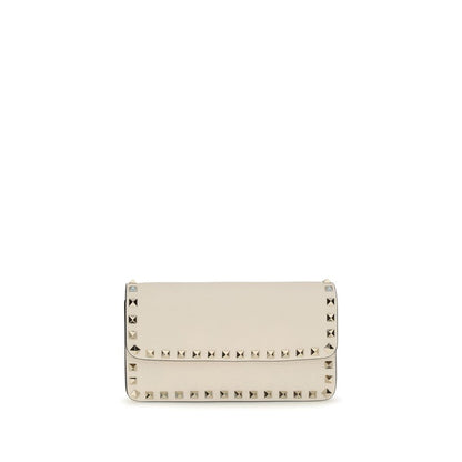 Cardholder Wallet by Valentino Garavani for women in bos taurus calf leather beige presents a streamlined silhouette, showcasing the sophisticated design of the Rockstud Bos Taurus Calf Leather Cardholder Wallet collection with functional card-organization chain.