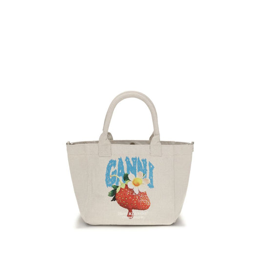 Small Shoulder Bag by Ganni for women in polyester canvas beige, raspberry & print features a statuesque silhouette, showcasing a secure zipper & open-top and statuesque with versatile shoulder-strap & handle for a statuesque finish.