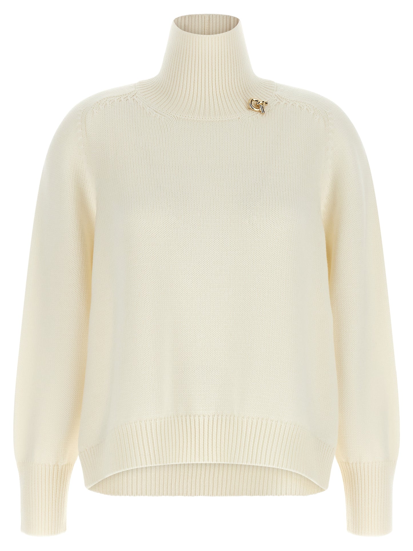 Cardigan by Fabiana Filippi for women in plush virgin wool cream, gold & white features a dramatic silhouette, showcasing a sophisticated high-neck neckline and dramatic detail for a timeless, premium look.