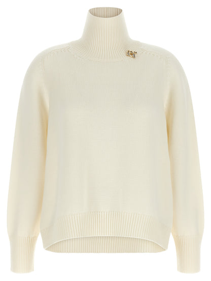 Cardigan by Fabiana Filippi for women in plush virgin wool cream, gold & white features a dramatic silhouette, showcasing a sophisticated high-neck neckline and dramatic detail for a timeless, premium look.