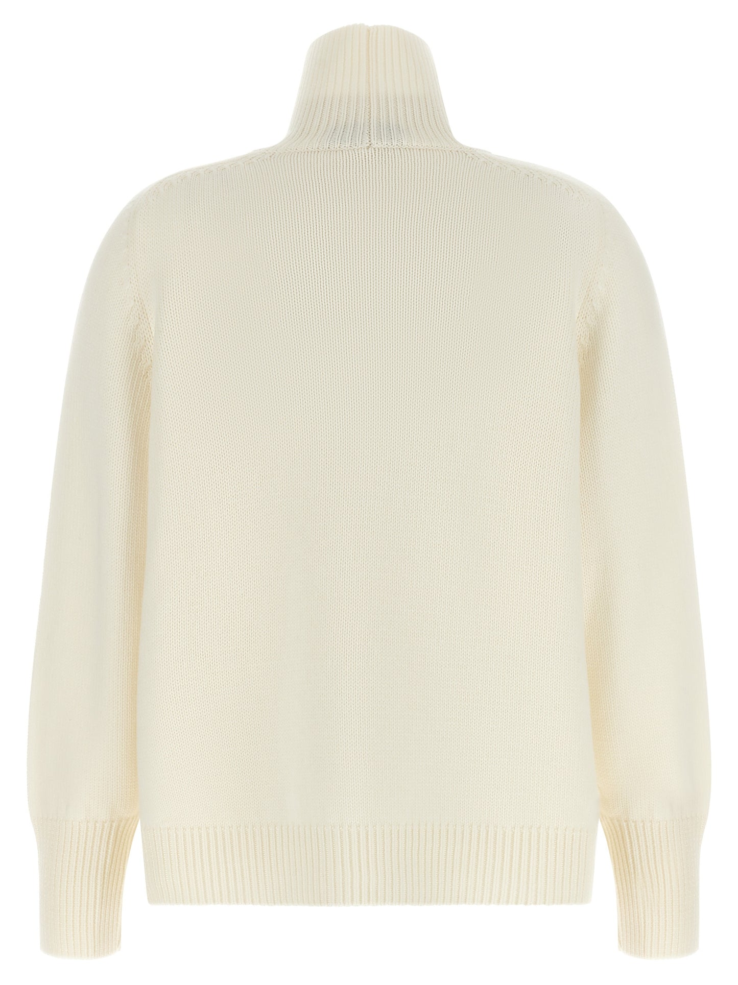 Cardigan by Fabiana Filippi for women in plush virgin wool cream, gold & white features a nuanced silhouette with a refined high-neck neckline and nuanced detailing for a sophisticated look.