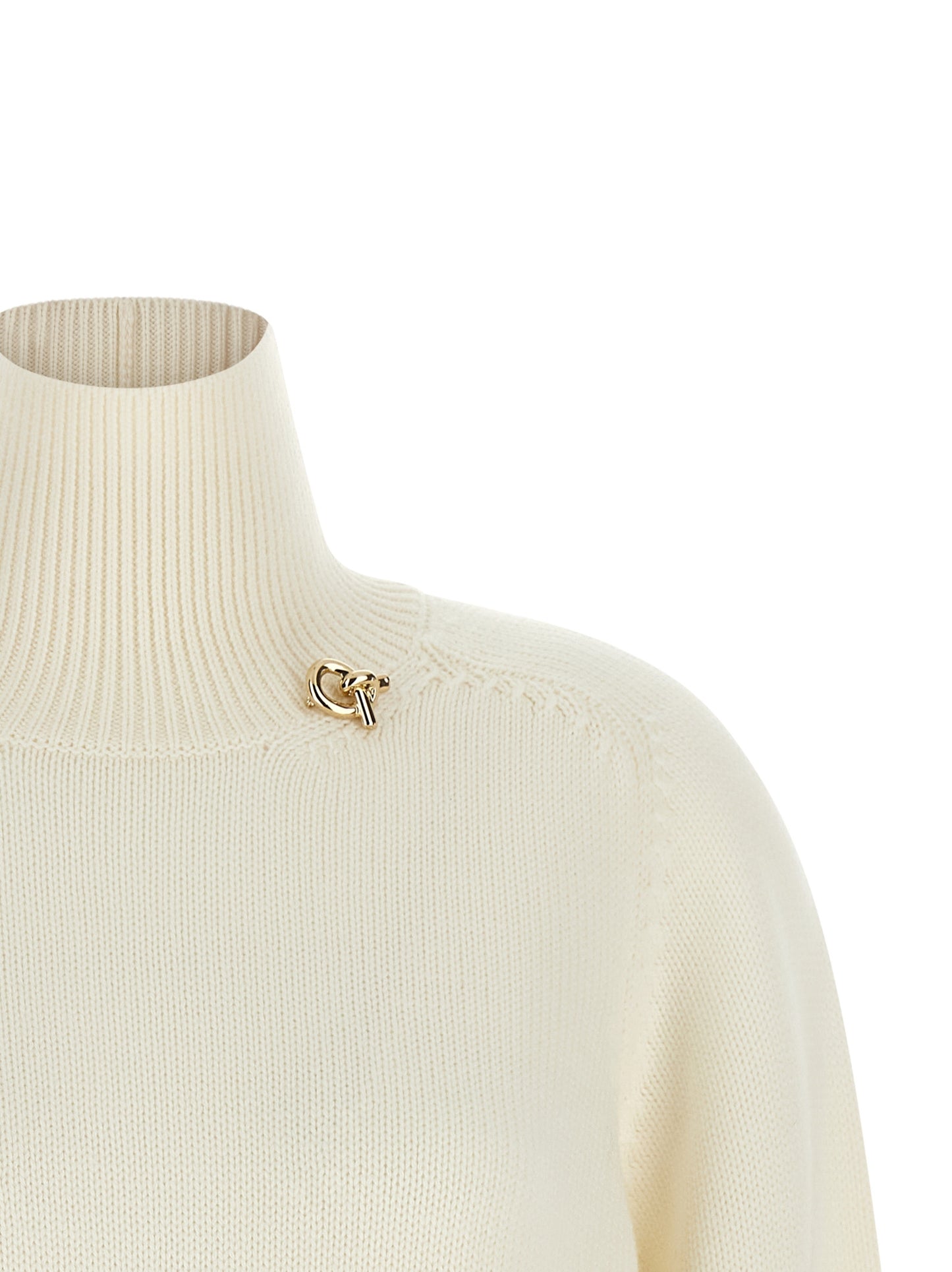Cardigan by Fabiana Filippi for women in plush virgin wool cream, gold & white features an crisp silhouette, showcasing a sophisticated high-neck neckline and detail for a truly crisp finish.