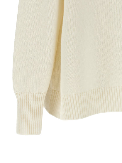 Cardigan by Fabiana Filippi for women in plush virgin wool cream, gold & white showcases a captivating silhouette, artfully detailed with a captivating and high-neck neckline for a truly sophisticated captivating look.