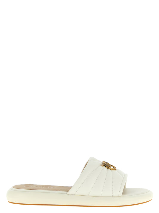 Sliders Flat Shoes by PINKO for women in nappa lambskin leather white features an captivating silhouette, showcasing the captivating style of the Love Birds Women's Nappa Lambskin Leather Sliders Flat Shoes with its distinct and refined .