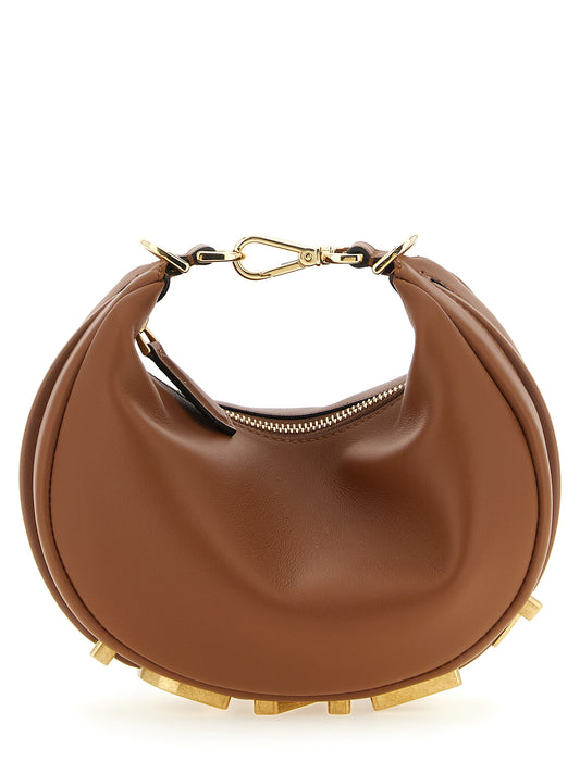 Mini Crescent Handbag by Fendi for women in calfskin leather brown & gold features a signature silhouette, showcasing a secure and signature with versatile adjustable-strap for a sophisticated look.