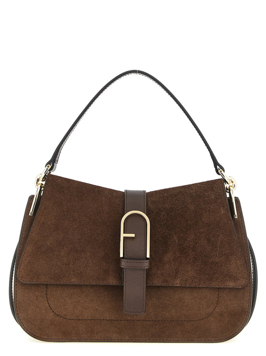 This Flap Handbag by Furla for women in calfskin leather and brown & gold presents a sculptural silhouette featuring a secure flap & buckle, ample , and versatile handle & adjustable-strap for a sculptural finish.