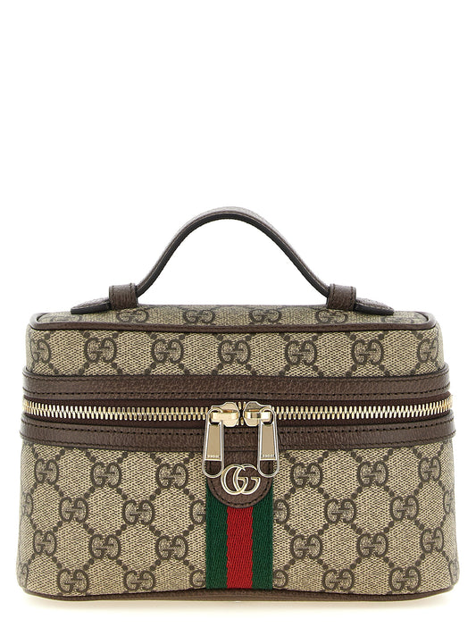 Small Shoulder Vanity Bag by Gucci for women in faux patent leather beige, brown, gold, green, red & striped features a statuesque silhouette, showcasing a secure zipper and statuesque with versatile shoulder-strap, handle, adjustable-strap & detachable-strap for a statuesque finish.