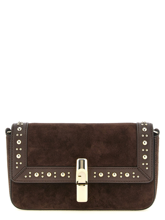 Crossbody Handbag by Furla for women in brass zamak & calf leather brown & gold features a versatile chic silhouette, meticulously detailed with a secure magnetic, ample , and versatile crossbody-strap, shoulder-strap & adjustable-strap.