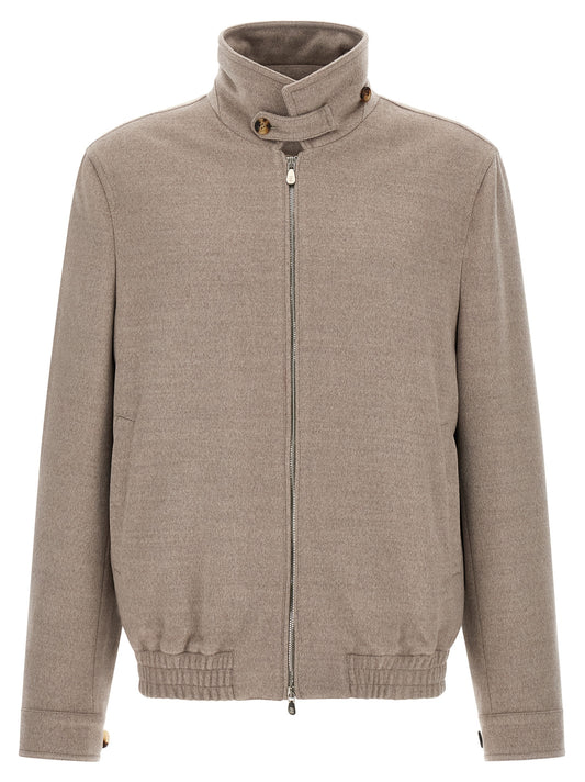 Bomber Jacket by Brunello Cucinelli for men in virgin wool beige & horn presents a effortlessly chic silhouette, showcasing a sophisticated and premium pockets for a truly effortlessly chic finish.