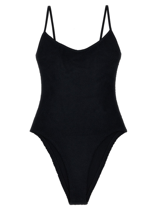 One-Piece Swimsuit by Hunza G for women in stretch polyamide black showcases a captivating silhouette, artfully capturing the essence of the captivating Women's Stretch Polyamide One-Piece Swimsuit design for a sophisticated look.