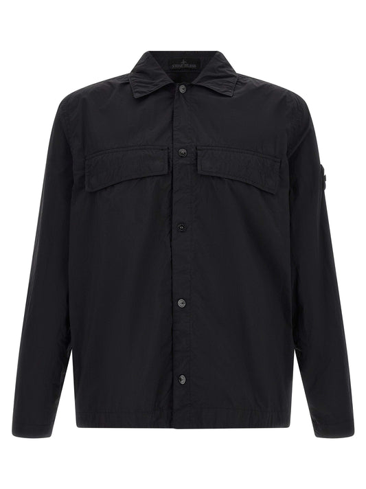 Overshirt by Stone Island for men in nylon black & signature features an architectural silhouette with a refined long-sleeve and elegant for a architectural look.