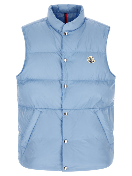 Vest by Moncler for men in polyamide felt light-blue features a chic silhouette, expertly detailed with a refined high-neck neckline and premium for a truly chic look.