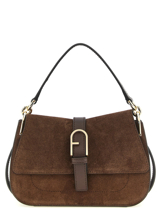 Mini Handbag by Furla for women in calfskin leather brown & gold features an refined silhouette, showcasing a secure magnetic & buckle, ample , and versatile shoulder-strap, handle & adjustable-strap for a sophisticated refined aesthetic.