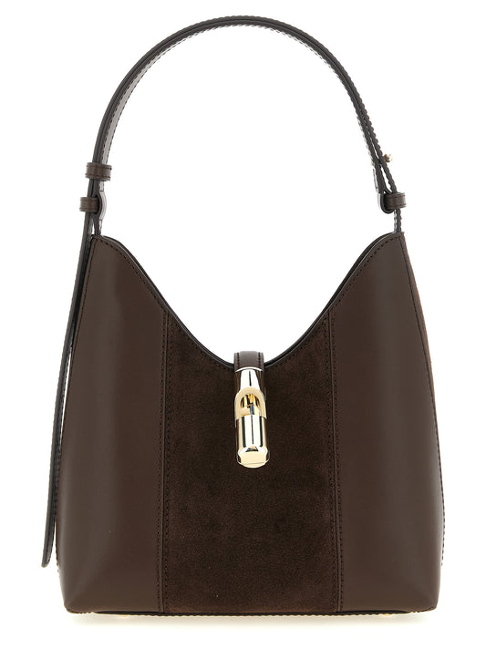 Shoulder Bag by Furla for women in calfskin leather brown & gold showcases a statuesque silhouette, artfully detailed with a secure , organized , and versatile shoulder-strap, adjustable-strap & handle for a statuesque look.