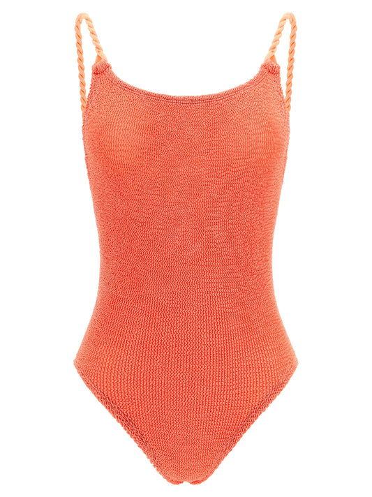 One-Piece Swimsuit by Hunza G for women in stretch polyamide coral & orange showcases a couture inspired silhouette from the Women's Stretch Polyamide One-Piece Swimsuit collection, featuring a couture inspired cut designed for a couture inspired and couture inspired poolside look.