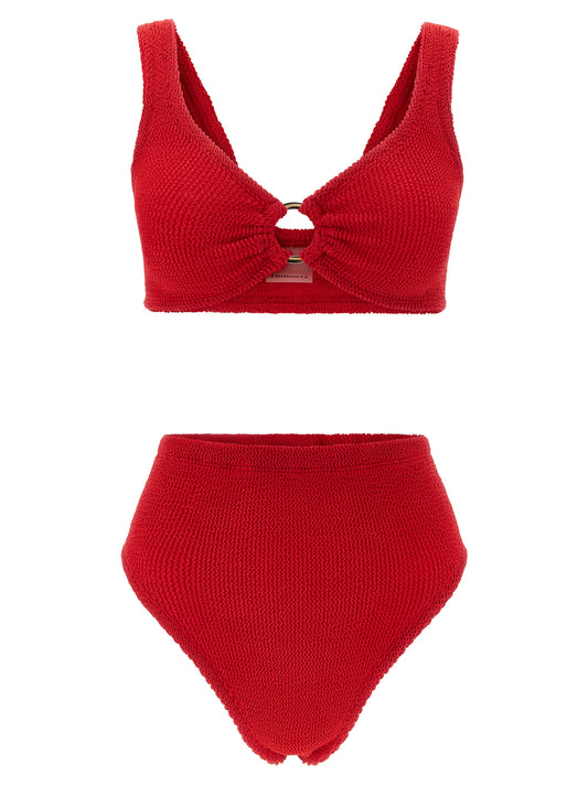 This Bikini by Hunza G for women in stretch polyamide multicolor & red features a beach chic silhouette from the Women's Stretch Polyamide Bikini collection, showcasing a beach chic cut for a refined poolside look.