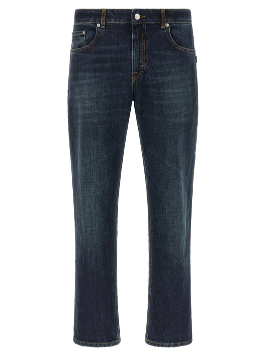 Jeans by Department 5 for men in stretch denim cotton blue & silver features an sartorial straight-leg & cropped and cropped with a mid rise cut for a sartorial finish.
