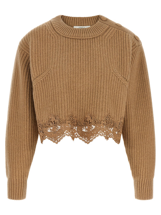 Cardigan by Chloé for women in cashmere wool beige presents a textural silhouette, artfully finished with a textural round neckline and for a sophisticated, textural look.