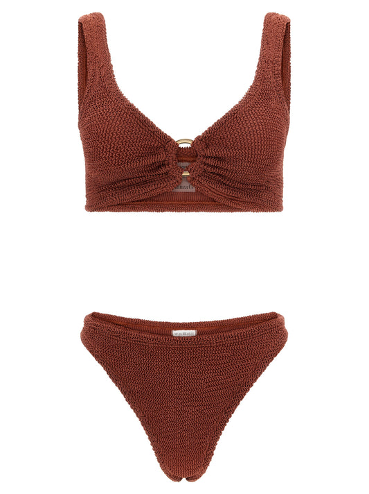 This Bikini by Hunza G for women in stretch polyamide brown & gold features a beach chic silhouette from the Hug Icon Women's Stretch Polyamide Bikini collection, showcasing a beach chic cut for a refined poolside look.