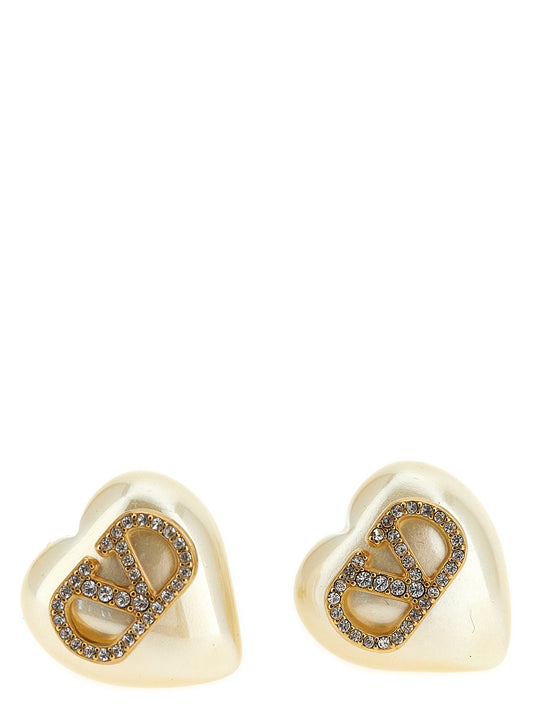 Earrings by Valentino Garavani for women in denim cotton gold, pearl & signature features an ornate from the Heart V Logo Women's Gold Brass & Pearls Earrings collection, showcasing a ornate finish that embodies sophisticated luxury.