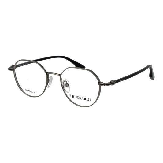 Eyeglasses Frames by Trussardi for men in titanium gray showcases a reflective silhouette, artfully incorporating a sophisticated gunmetal coloured frame with a distinct full-frame frame design.