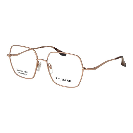 Eyeglasses Frames by Trussardi for women in stainless steel & titanium rose-gold showcases a refined full-frame frame design with a refined rose-gold coloured frame finish for a refined and sophisticated look.