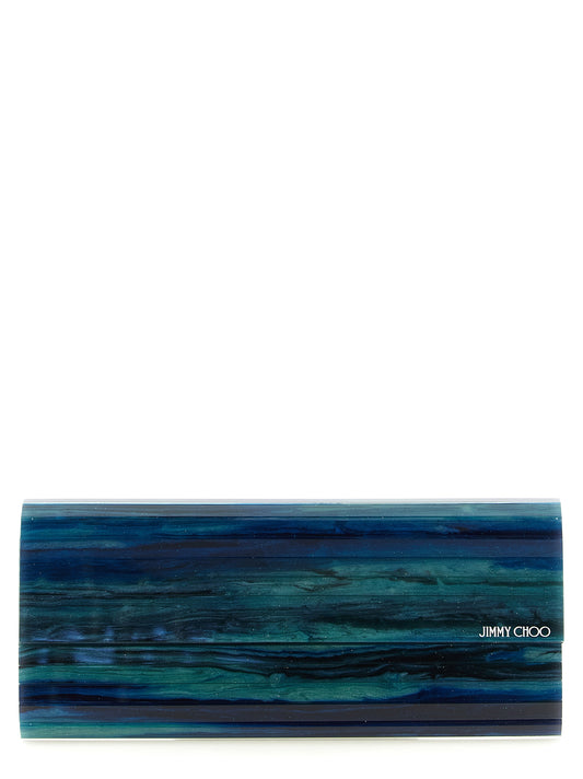 Evening Clutch Handbag by Jimmy Choo for women in lambskin leather & metal bicolour, blue, emerald & green features a statuesque silhouette, showcasing a secure and organized with versatile detachable-strap for statuesque evening wear.