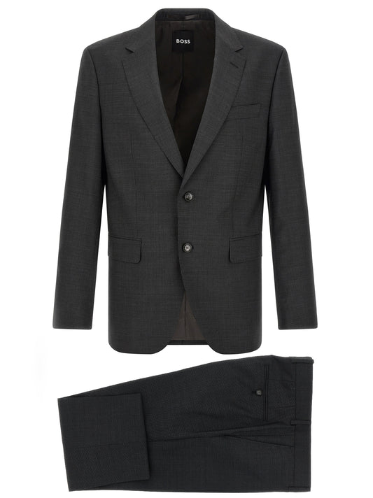 This Pant Suit by Hugo Boss for men in virgin wool gray presents a discerning silhouette, featuring a sophisticated and a discerning straight & slim for a refined and polished look.