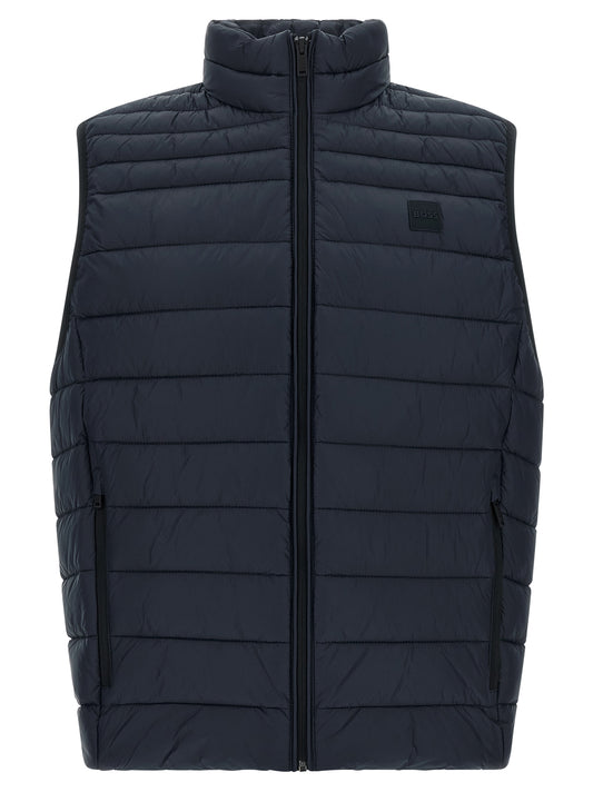 Vest by Hugo Boss for men in polyamide dark-blue showcases a dynamic silhouette, perfectly balancing pockets with a dynamic high-neck neckline for a sophisticated, high-fashion look.