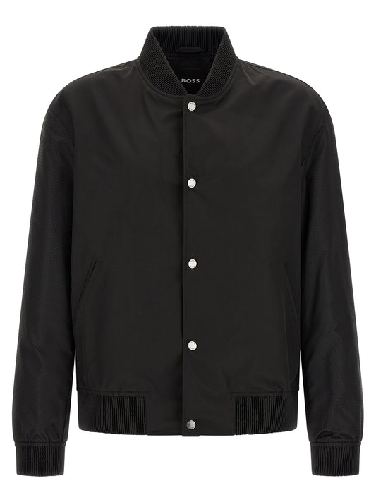 Bomber Jacket by Hugo Boss for men in polyester black, silver, patterned, jacquard, signature & monogram features an on trend silhouette, showcasing refined and a sophisticated for a truly on trend finish.