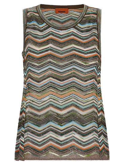 Blouse by Missoni for women in polyamide viscose multicolor, patterned & chevron showcases a sublime silhouette, artfully detailed with a sublime round neckline and sleeveless for a sophisticated, sublime finish.