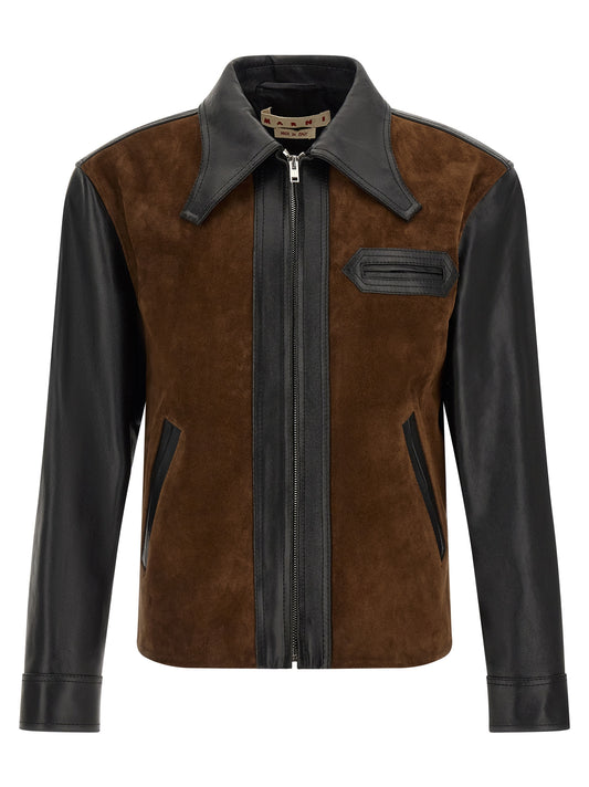 Jacket by Marni for men in suede calfskin leather black, brown & multicolor showcases a enveloping silhouette, artfully detailed with a enveloping and premium for a truly enveloping finish.
